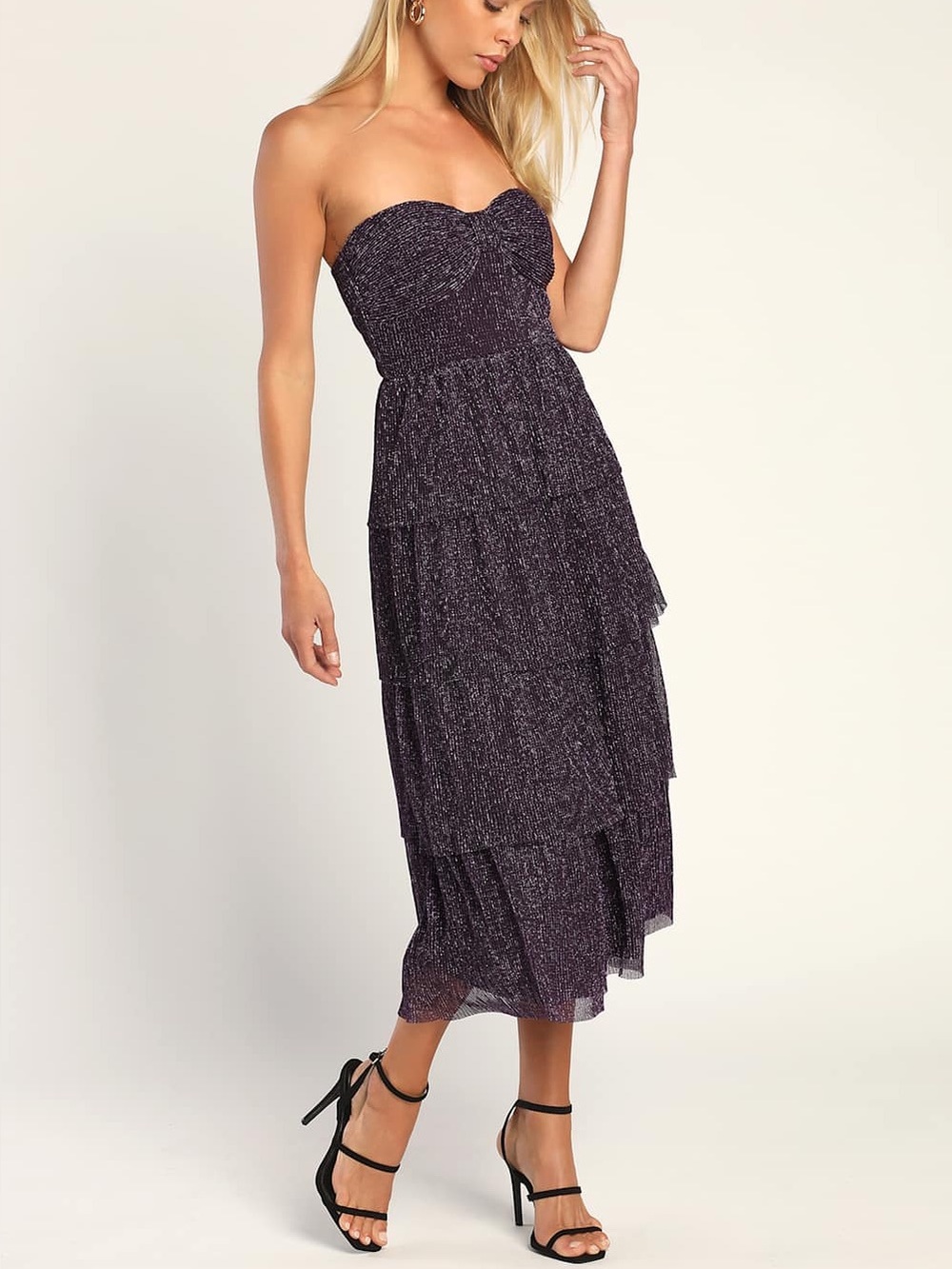 Lulus Dress - Tier to Dance Purple Shiny Lurex Tiered Strapless Midi Dress